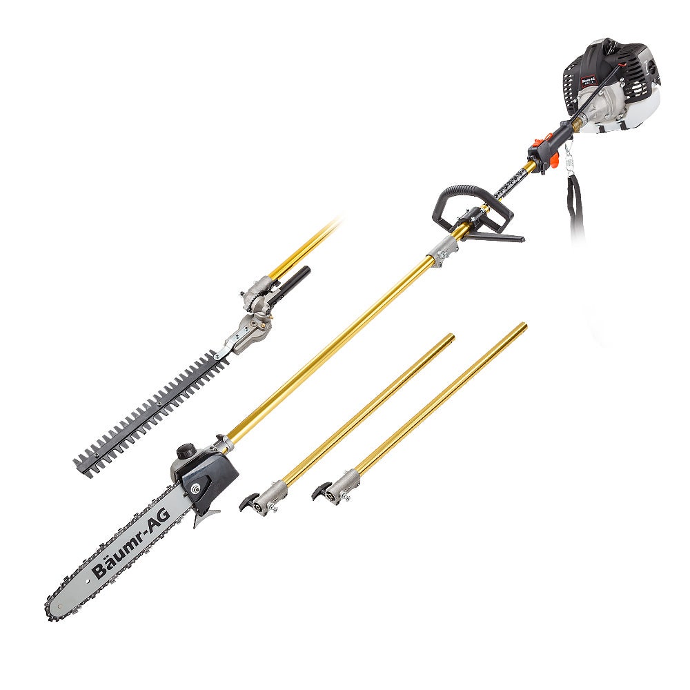 Long-reach pole chainsaw tool with hedge trimmer and pruner attachments, black and gold