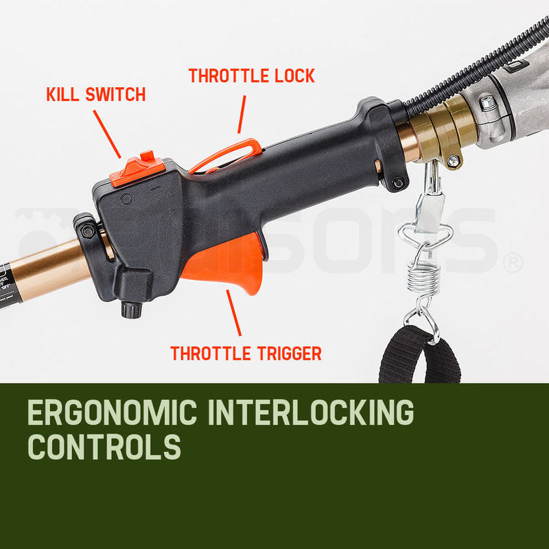Pole chainsaw throttle handle with orange kill switch and trigger, black housing