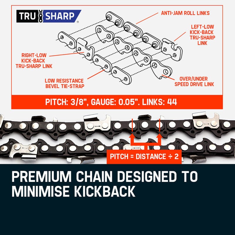 Chainsaw cutting chain bar and drive links, labeled TRU SHARP pattern