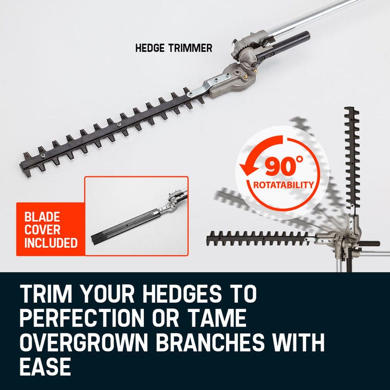 Hedge trimmer attachment with serrated blade and rotating 90 degree head