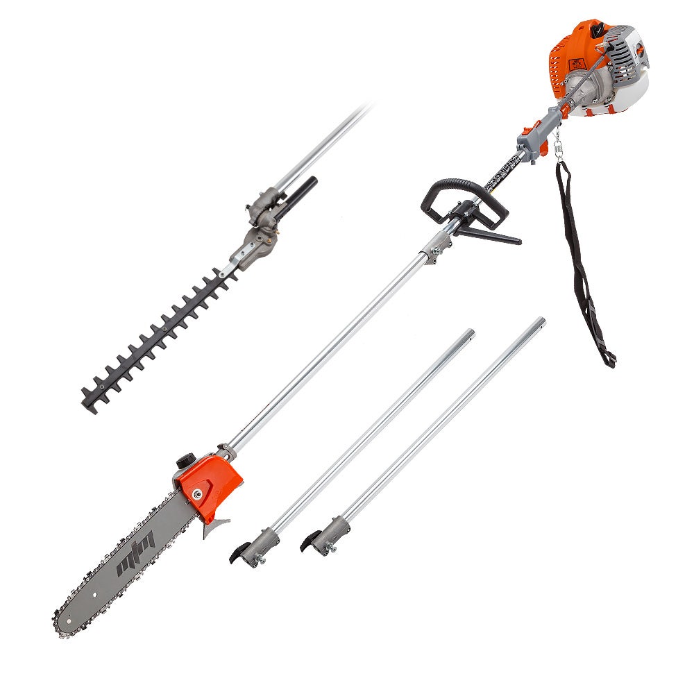 Orange and gray pole hedge trimmer pruner multi tool with saw attachment