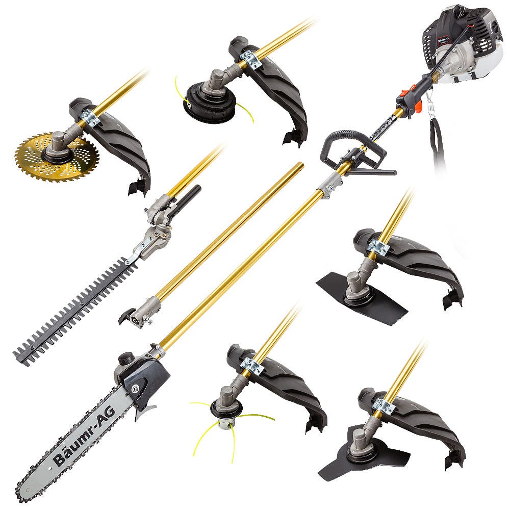 BAUMR-AG 65cc 7in1 Long Reach Garden Multi-tool, Pole Saw, Hedge & Line Trimmer, Brush Cutter, 12" Tree Trimming Pruning Chainsaw Bar, 2 Extension Shafts