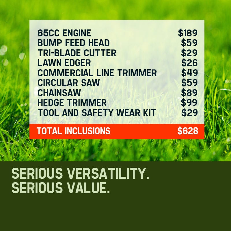 BAUMR-AG 65cc 7in1 Long Reach Garden Multi-tool, Pole Saw, Hedge & Line Trimmer, Brush Cutter, 12" Tree Trimming Pruning Chainsaw Bar, 2 Extension Shafts