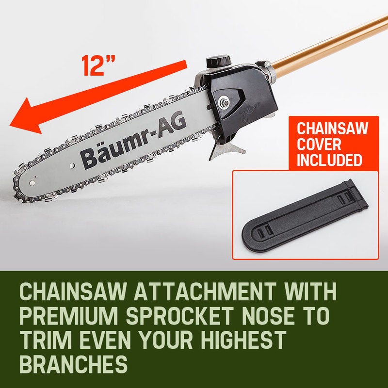 BAUMR-AG 65cc 7in1 Long Reach Garden Multi-tool, Pole Saw, Hedge & Line Trimmer, Brush Cutter, 12" Tree Trimming Pruning Chainsaw Bar, 2 Extension Shafts