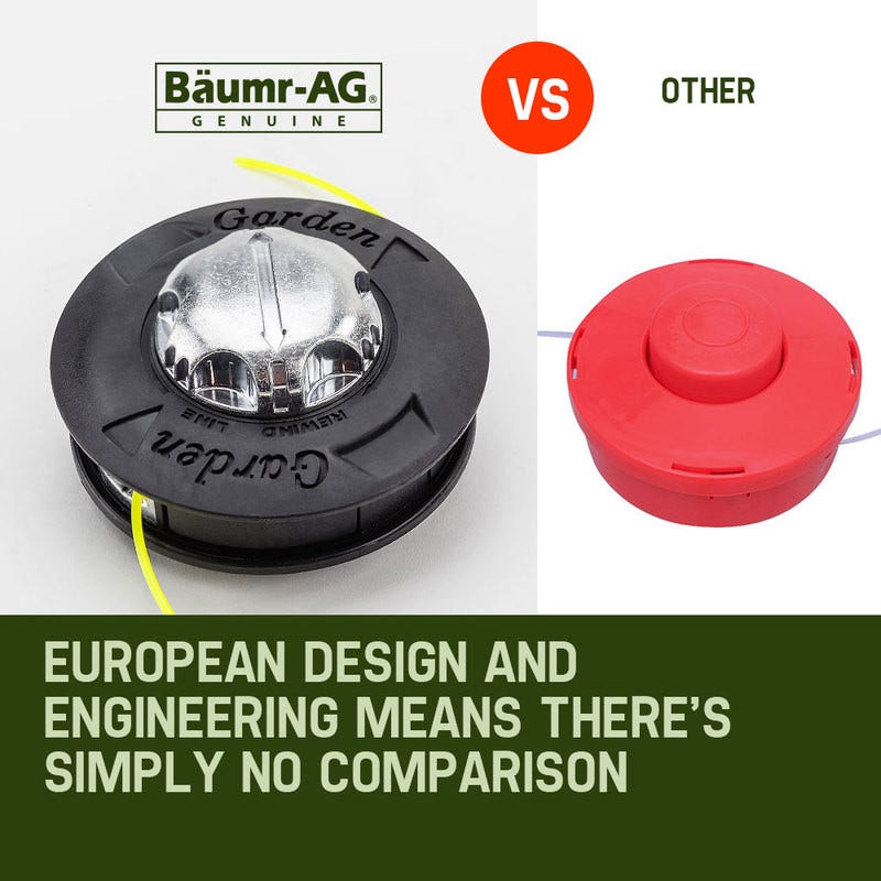 BAUMR-AG line trimmer head spool compared with a red replacement spool cap