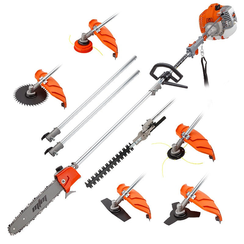 Brush cutter multi-tool with orange engine housing and interchangeable cutting attachments