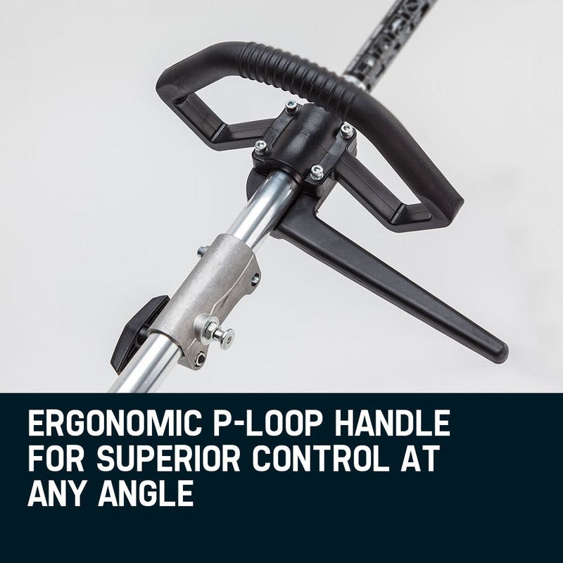 Ergonomic pole-handle assembly for brush cutter tool with black loop grip