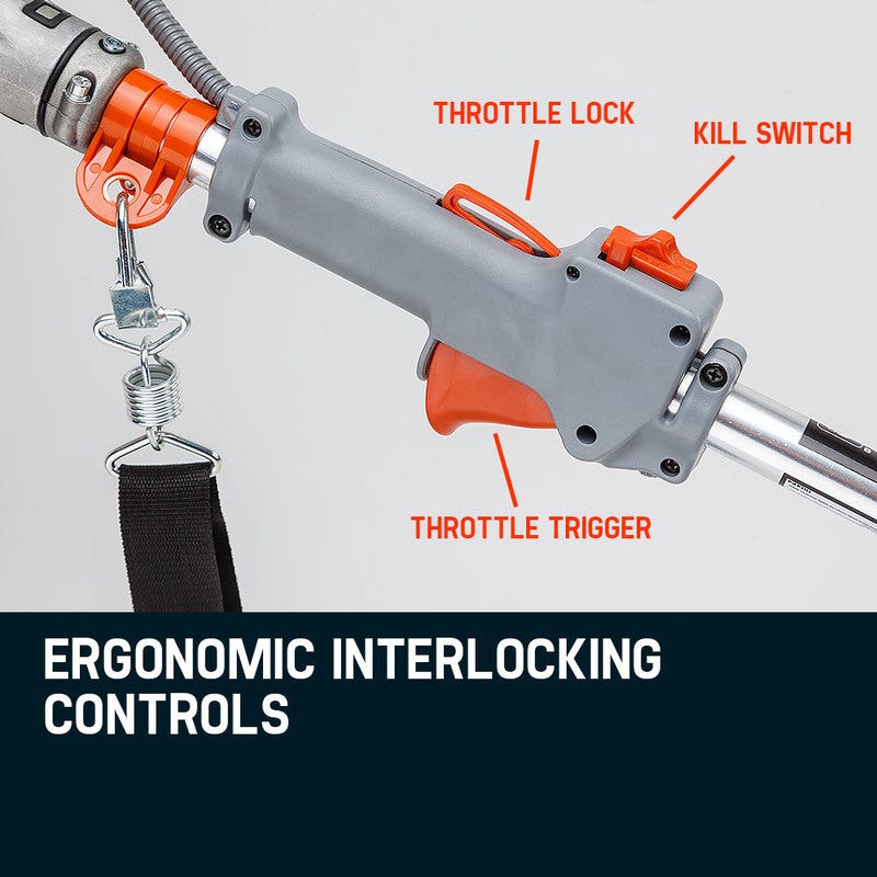 Brush cutter trigger handle with throttle lock, kill switch, and orange safety lever