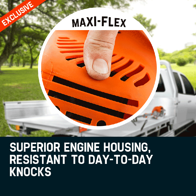 Orange MAXI-FLEX engine housing vent cover on a brush cutter tool