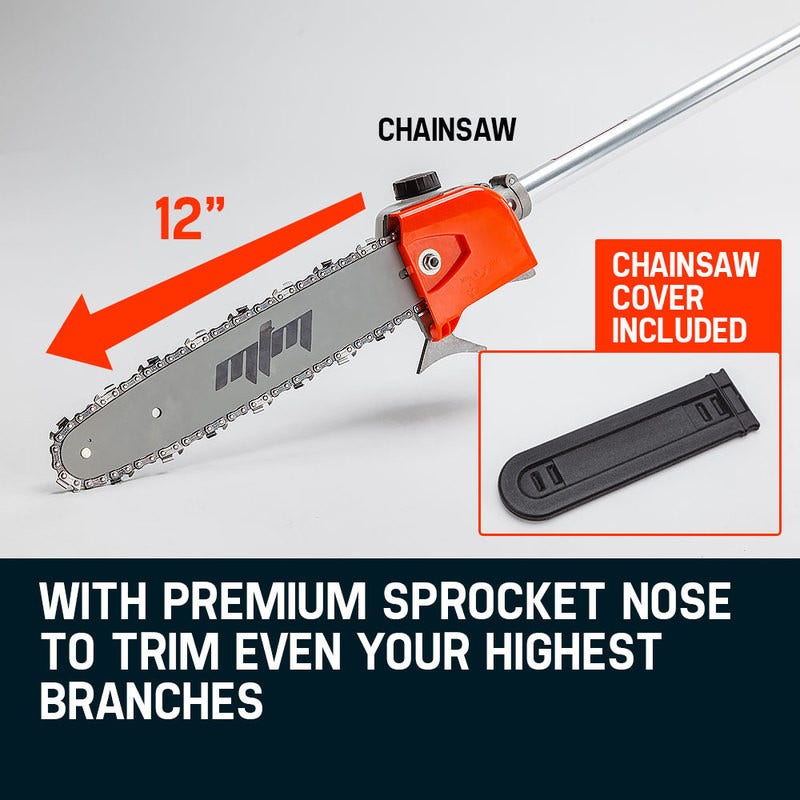 Chainsaw bar and sprocket nose with orange housing and included black chain cover