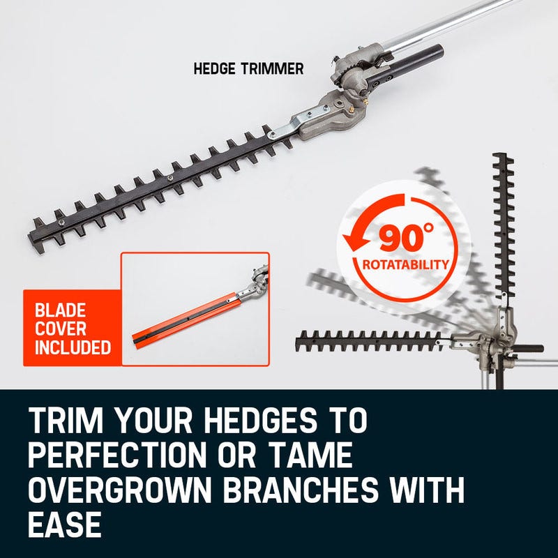 Hedge trimmer attachment with long serrated blade and blade cover