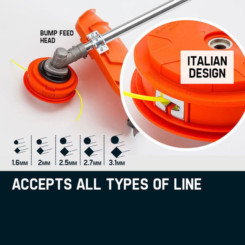 Brush cutter bump feed head with orange housing and dual line trimming guard
