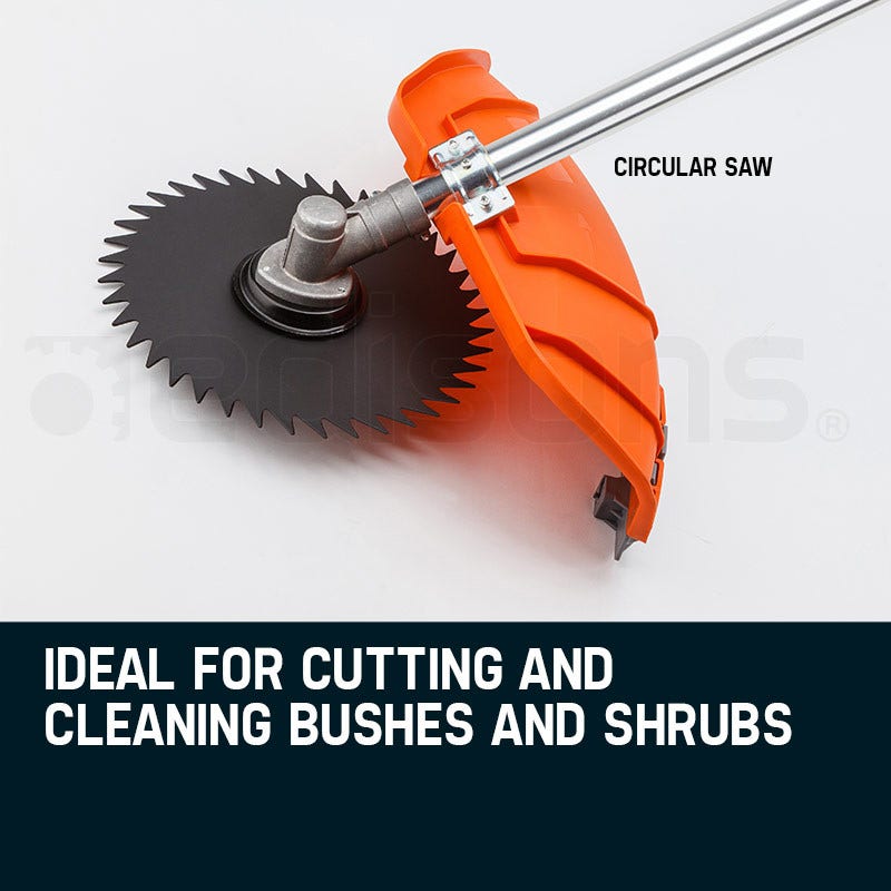 Orange circular saw brush cutter attachment with guard and toothed blade