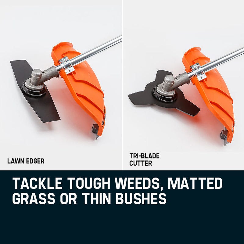 Brush cutter head with black guard and orange trimmer blade attachment