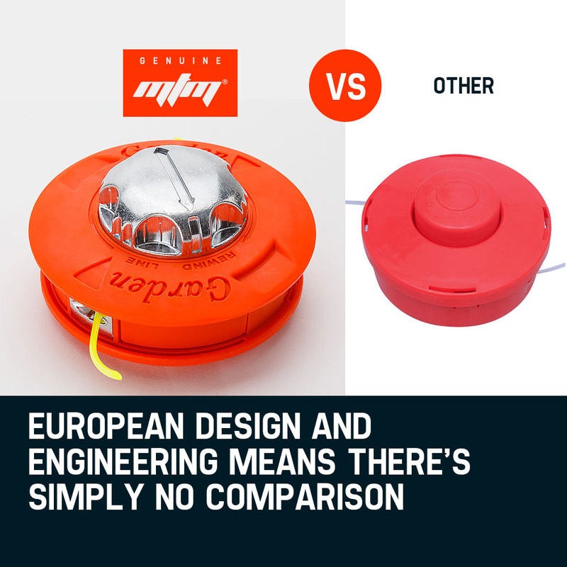 Orange trimmer head with metal blade cover and spool housing