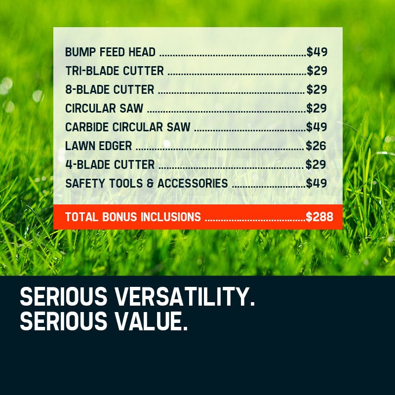 MTM 62cc 7in1 Brush Cutter Long Reach Garden Multi-Tool , Pole Trimmer, Hedge & Line Trimmer, 12" Tree Trimming Pruning, 2 Extension Shafts