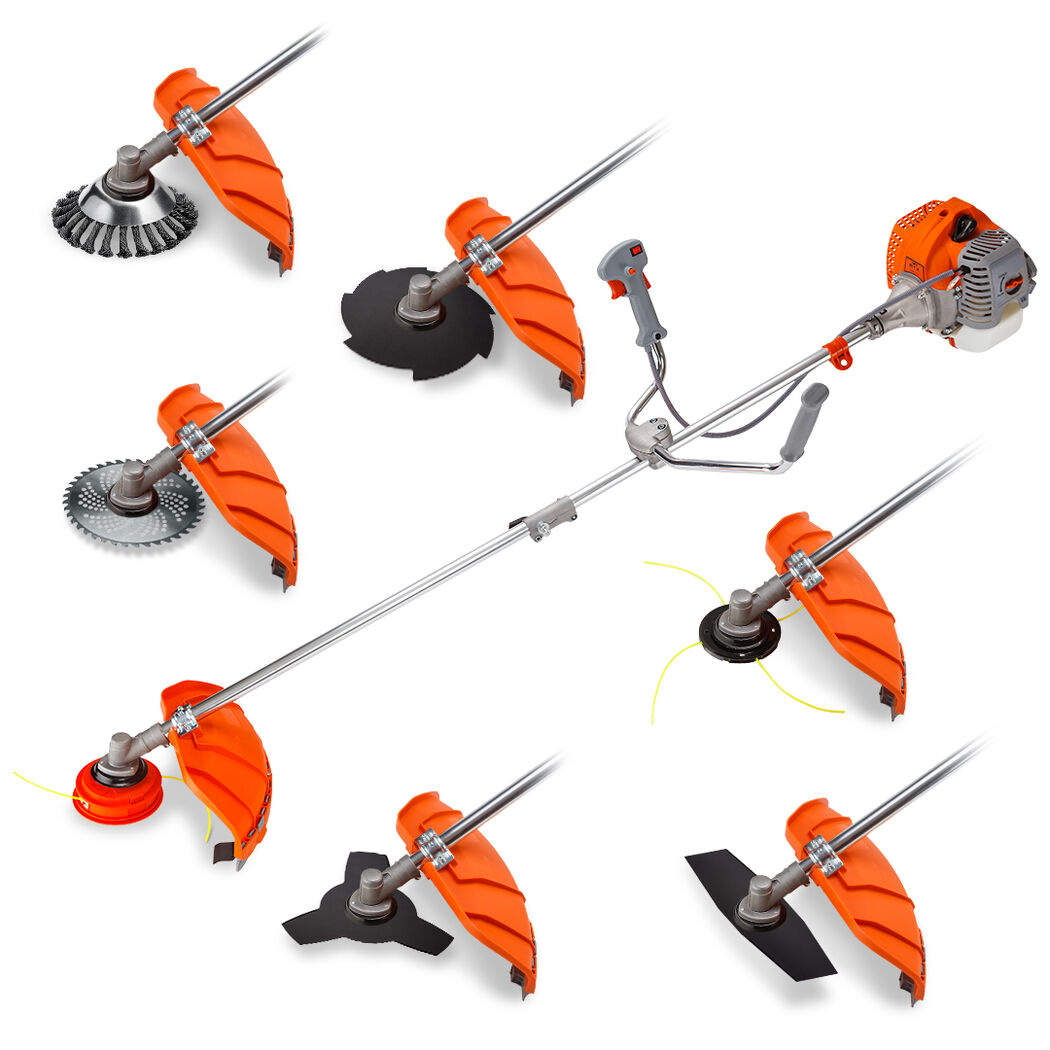 Orange brush cutter multi-tool with bullhorn handle and cutting head attachments