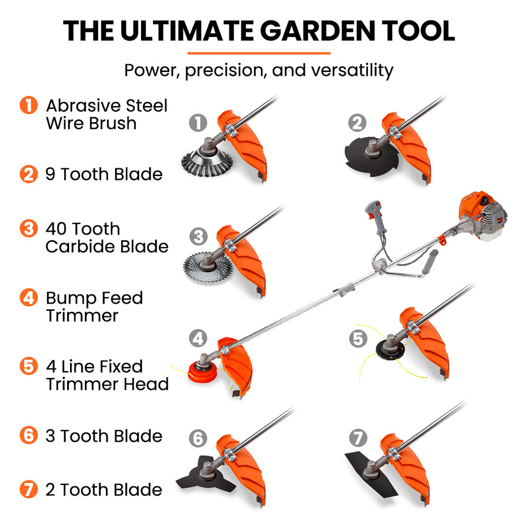 Orange garden brush cutter kit showing multiple blade and trimmer head attachments