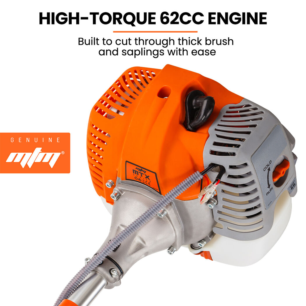 62cc brush cutter engine housing with orange starter cover and gray air vents
