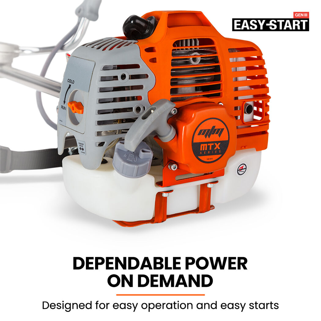 Orange and gray brush cutter engine with bullhorn handle and starting cover