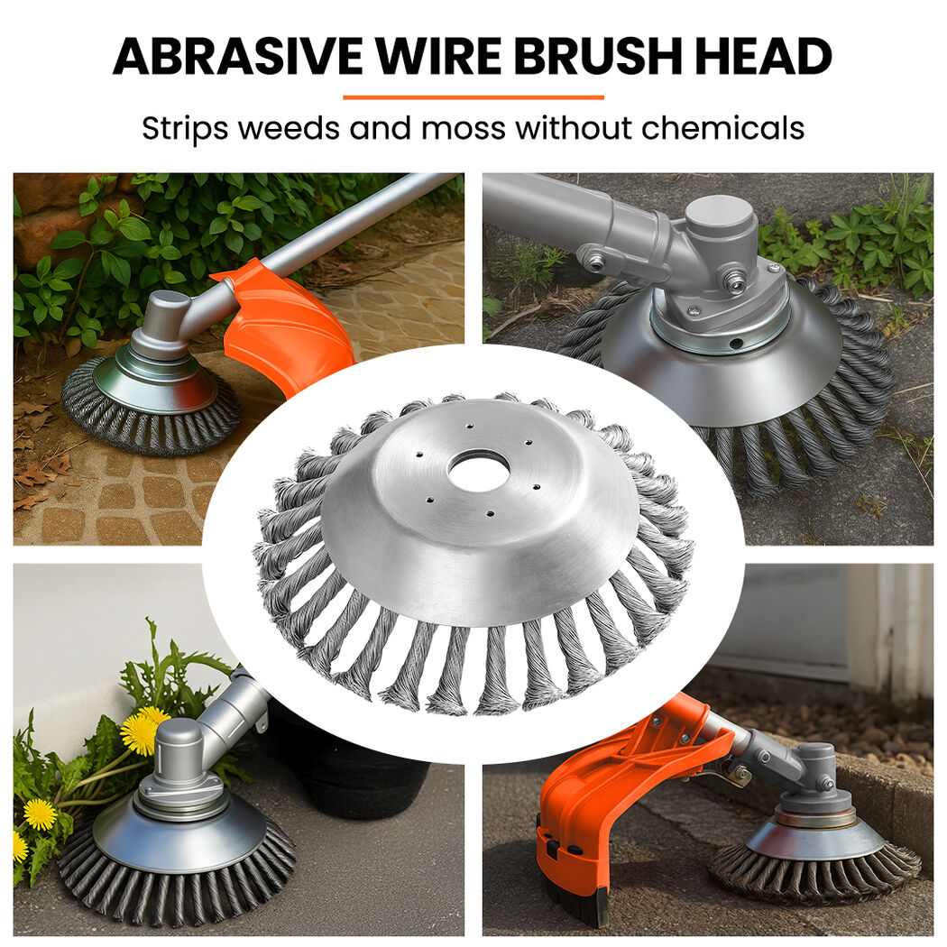 Abrasive wire brush head attachment with circular bristle wheel and metal mount