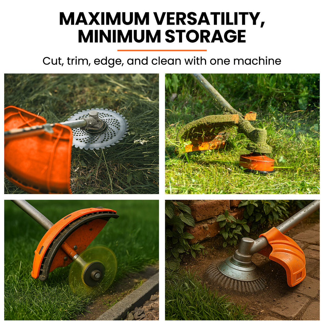 Orange brush cutter trimming vegetation with a metal cutting head