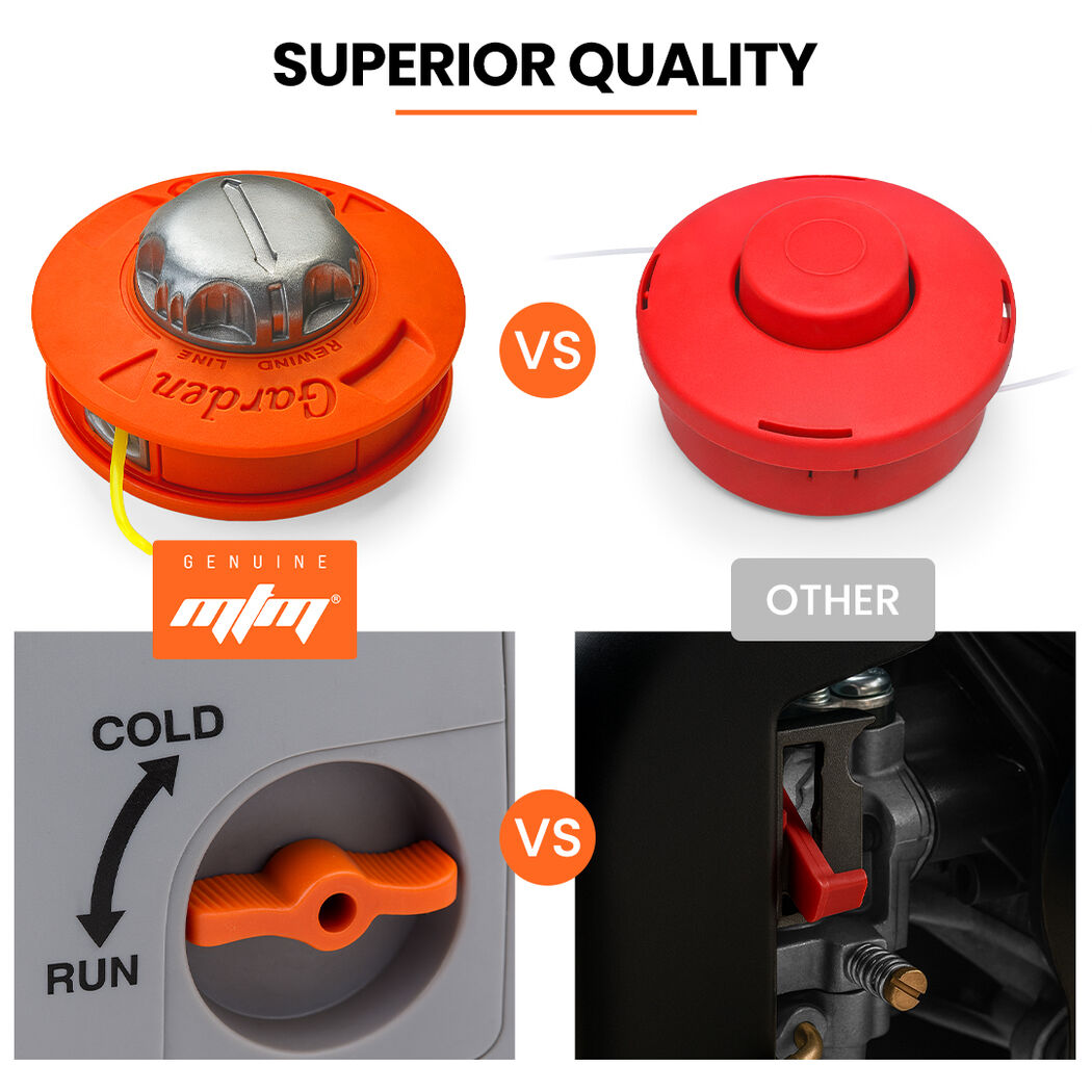 Red and orange trimmer head caps with line spool for grass trimming