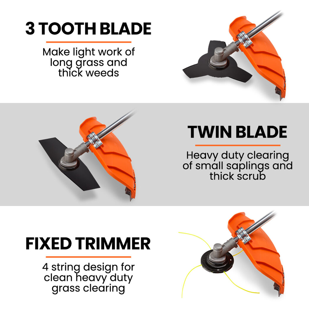 Brush cutter cutting heads set: fixed trimmer line head, twin blade, and 3-tooth blade