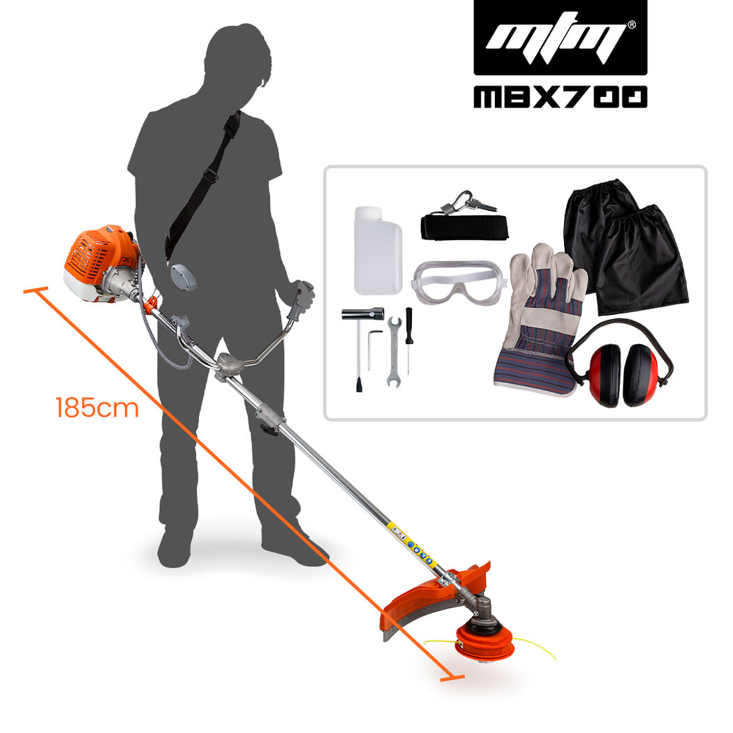 Gas brush cutter with long shaft, orange cutting head and shoulder harness