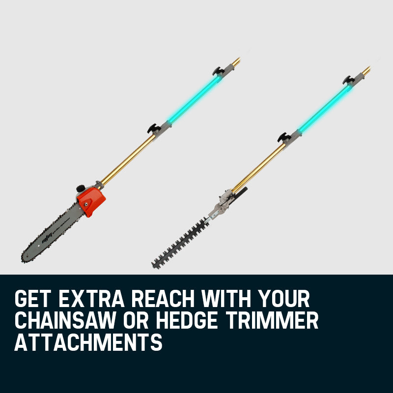 Extension pole attachment with chain-saw and hedge-trimmer style couplings