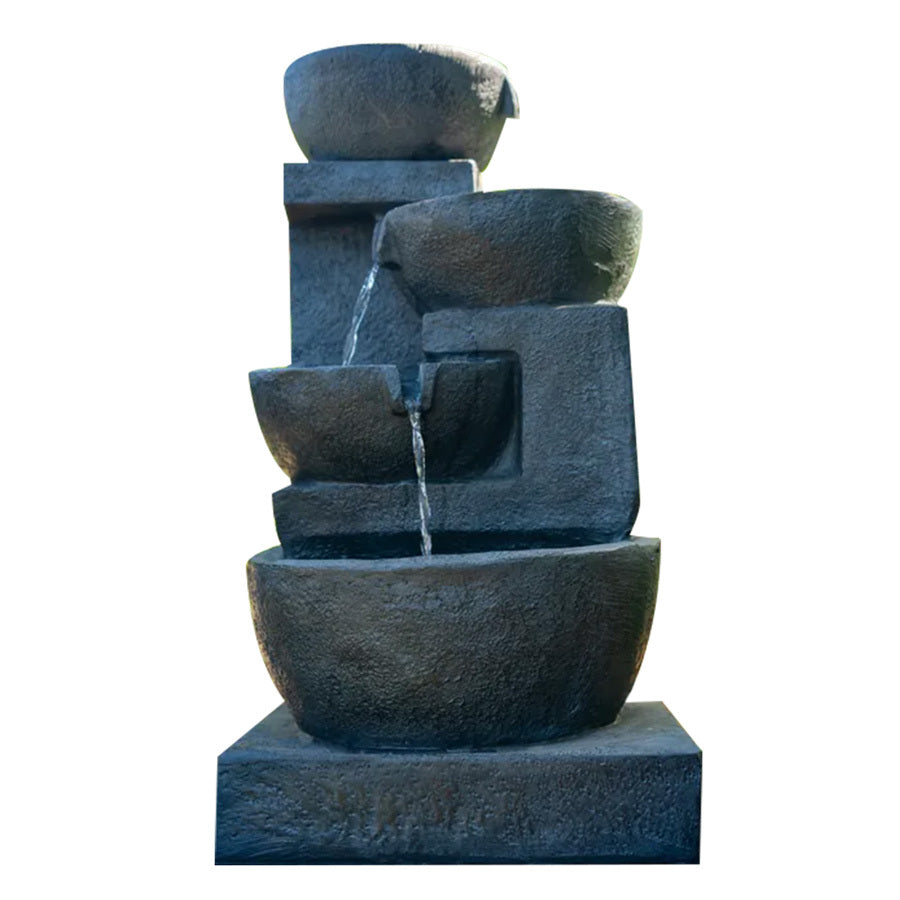 Charcoal four-tier water fountain with textured bowls and cascading streams