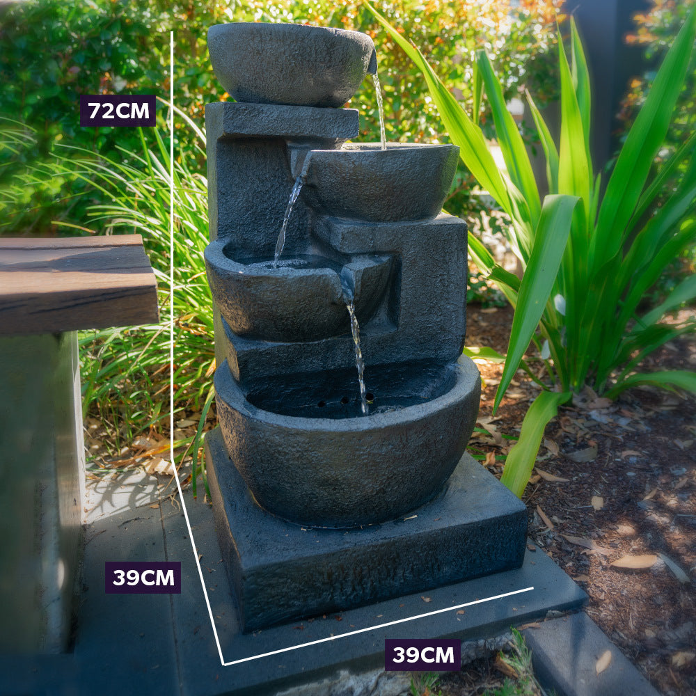 Charcoal four-tier water fountain with continuous stream and stone-look finish
