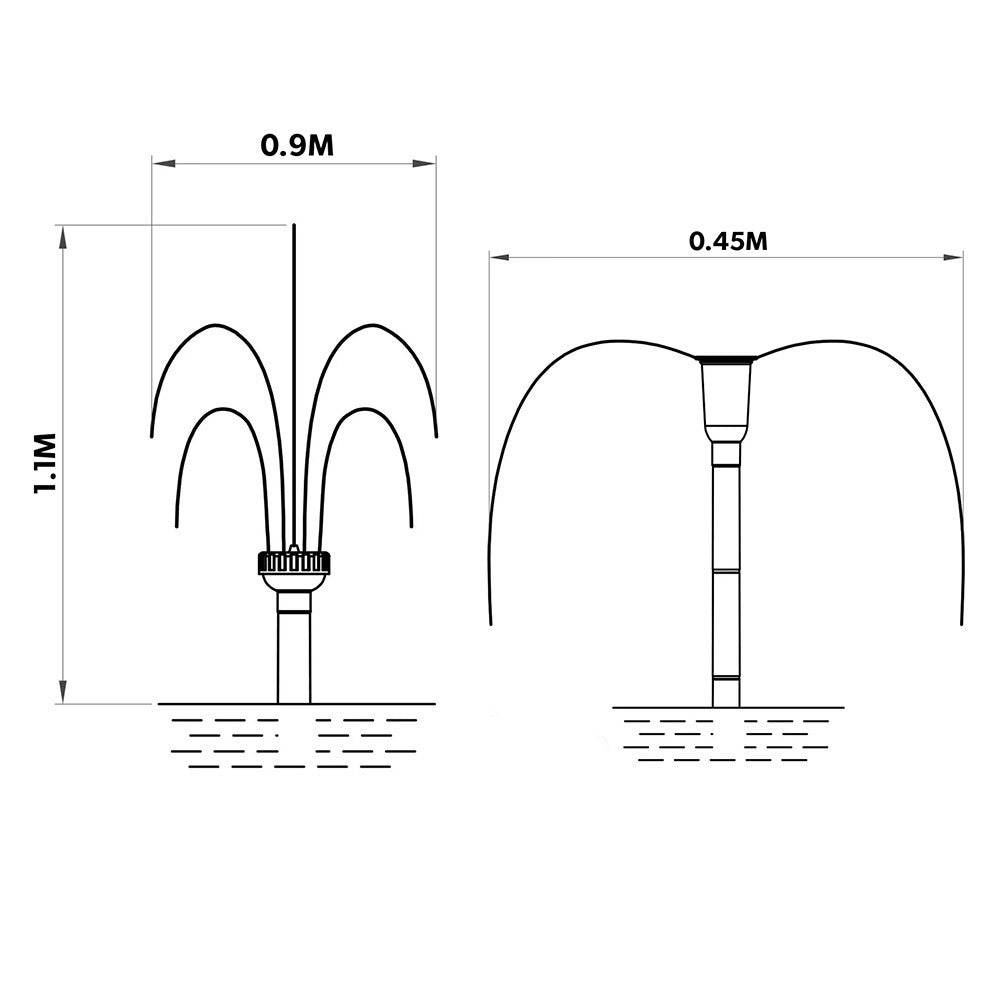 Fountain nozzle spray pattern diagram with arcing jets and size measurements