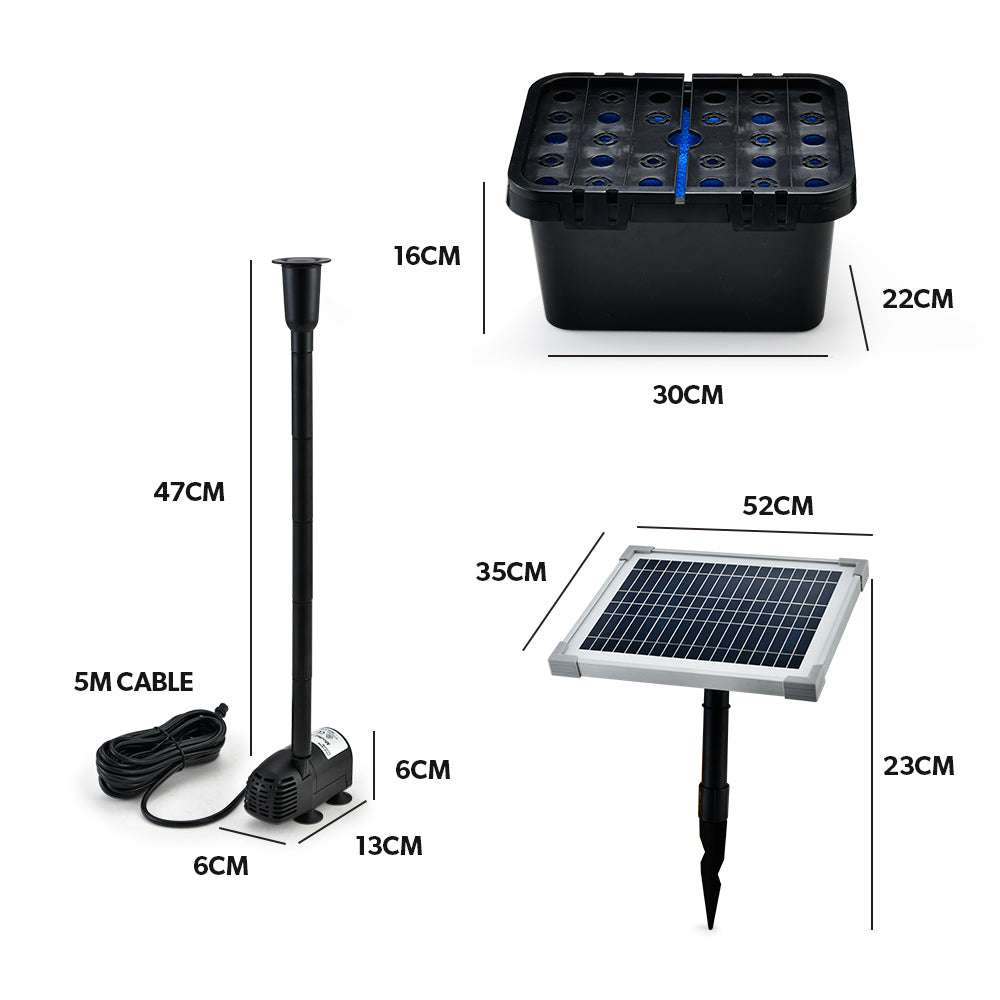 Solar fountain pump kit dimensions showing black pump box, solar panel, stakes, and cable