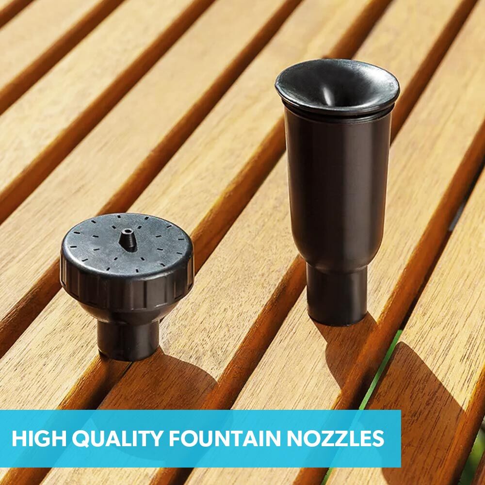 Two fountain nozzles with rounded dark caps and stems for garden pond spray