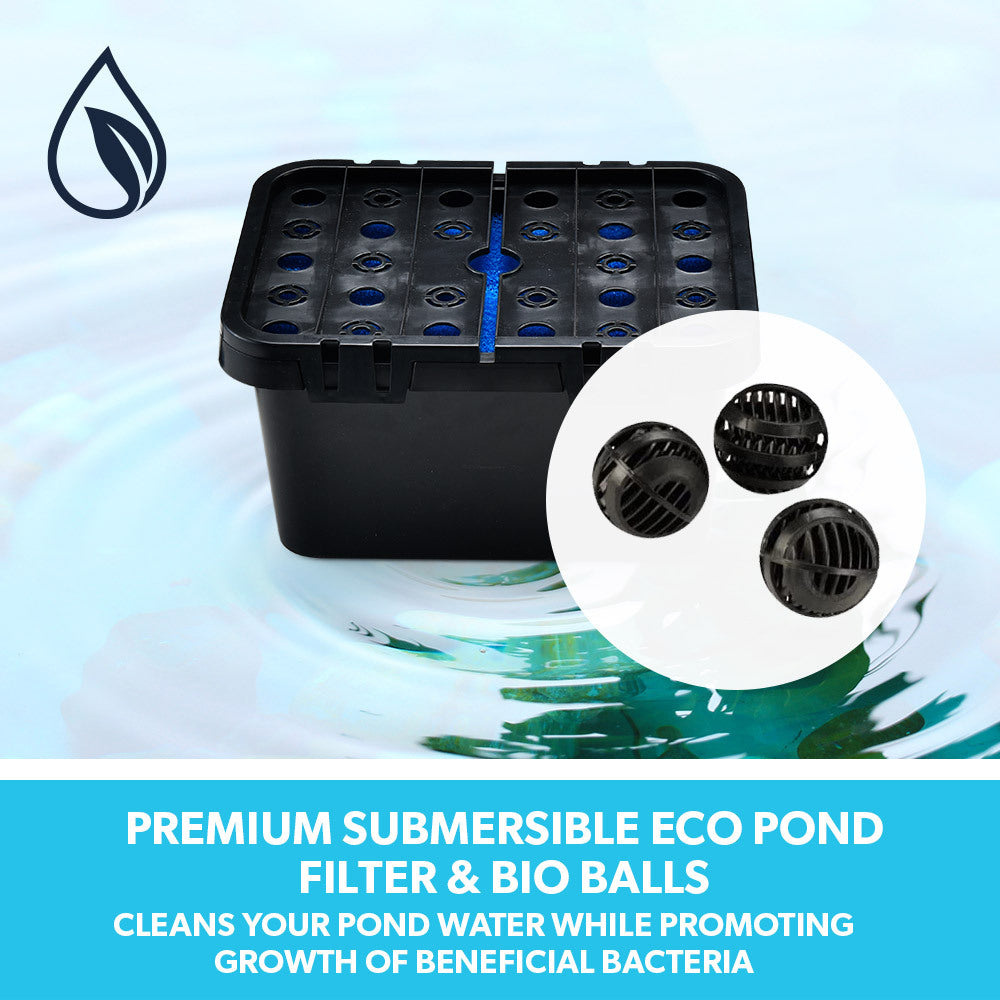 Submersible eco filter box with blue nozzle holes and two nozzle heads shown close-up