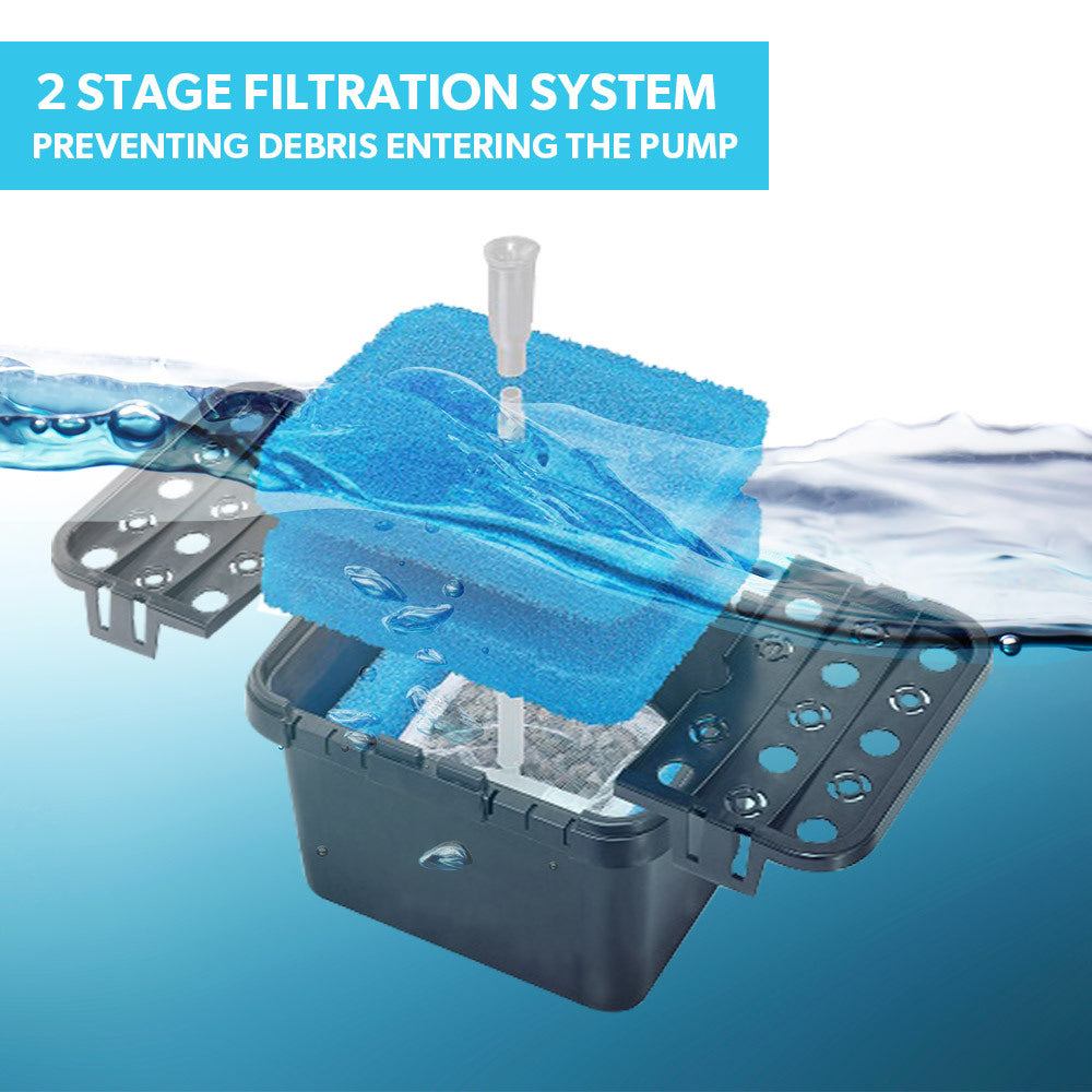 Two-stage filtration system with blue filter media and pump box for pond water