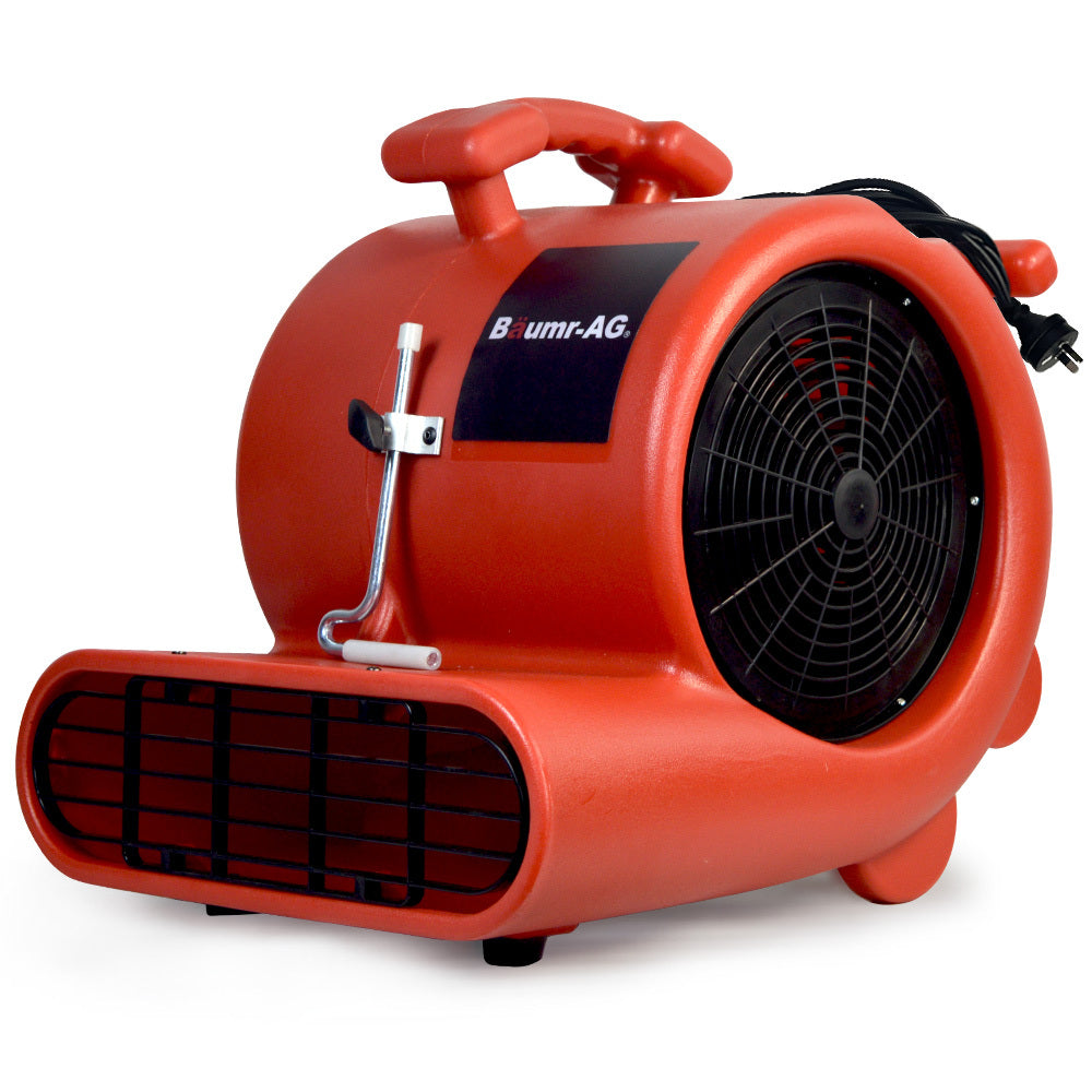 Red carpet air mover blower fan with front grille and large circular intake fan
