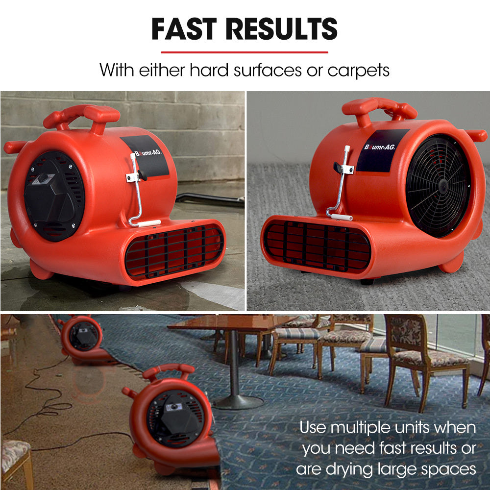 Red carpet air mover blower fan shown from side angle with front grille and handle