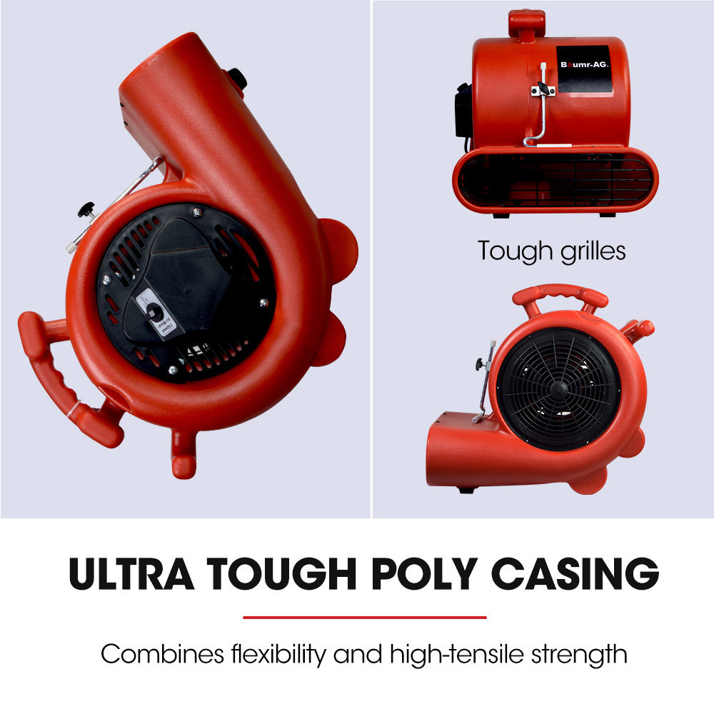 Red carpet air mover blower fan close-up with circular intake and side handle grips