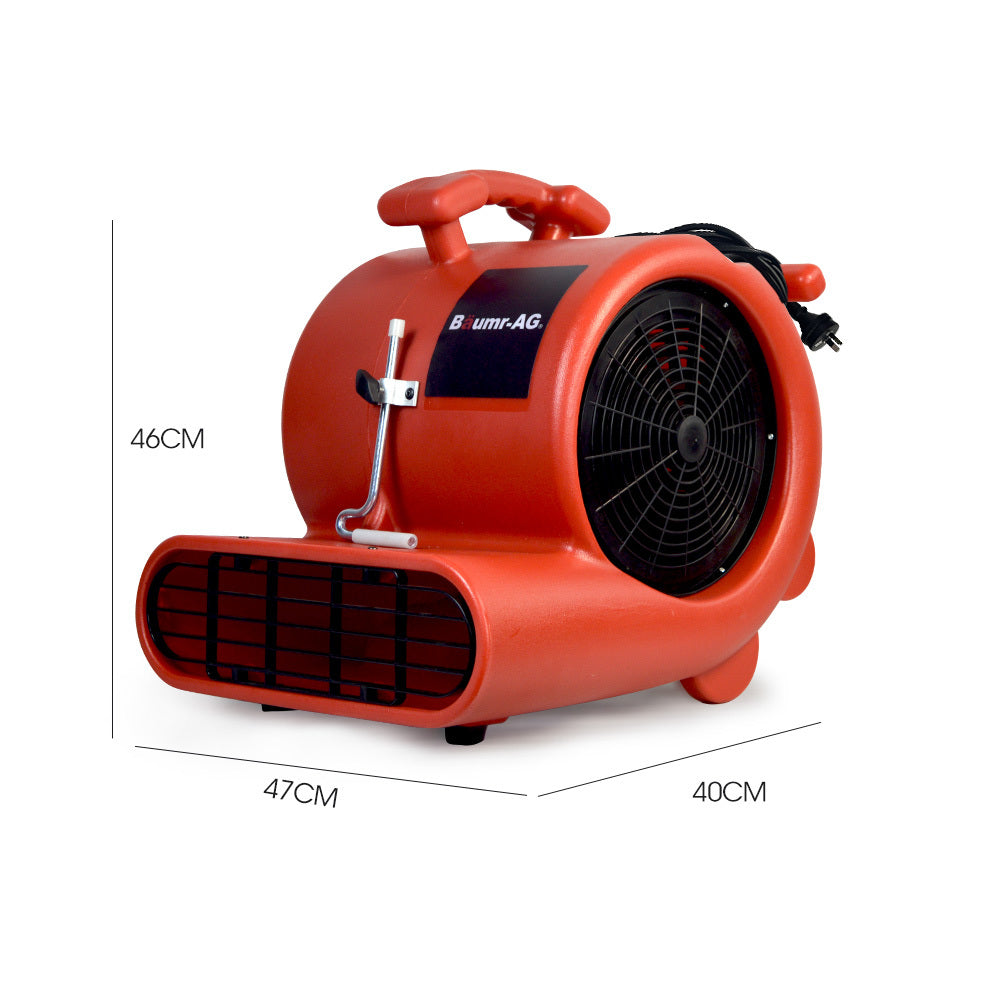 Red carpet air mover blower fan with front vent and circular intake, with size markers