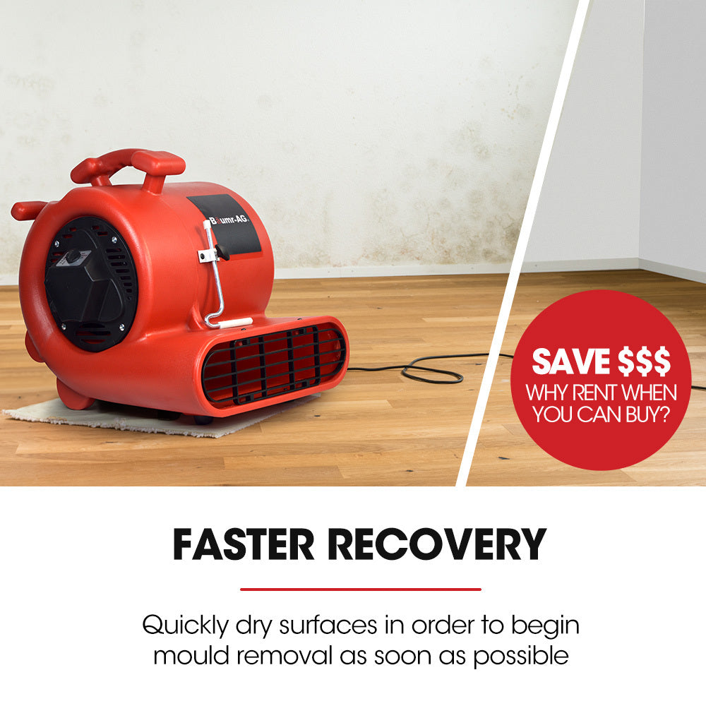Red carpet air mover blower fan placed on wood floor with extended cord and vent