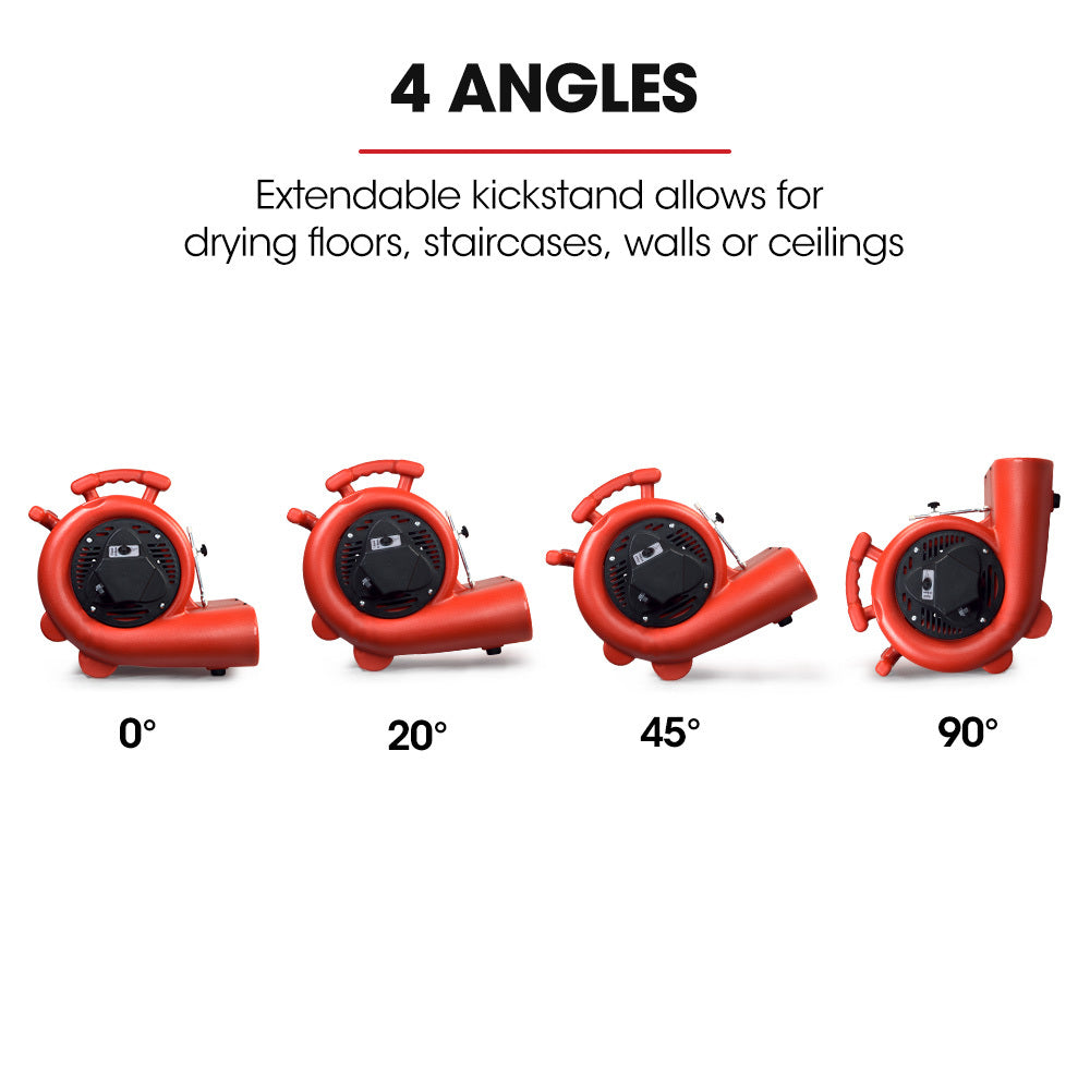 Red carpet air mover blower fan showing four tilt angles with extendable kickstand