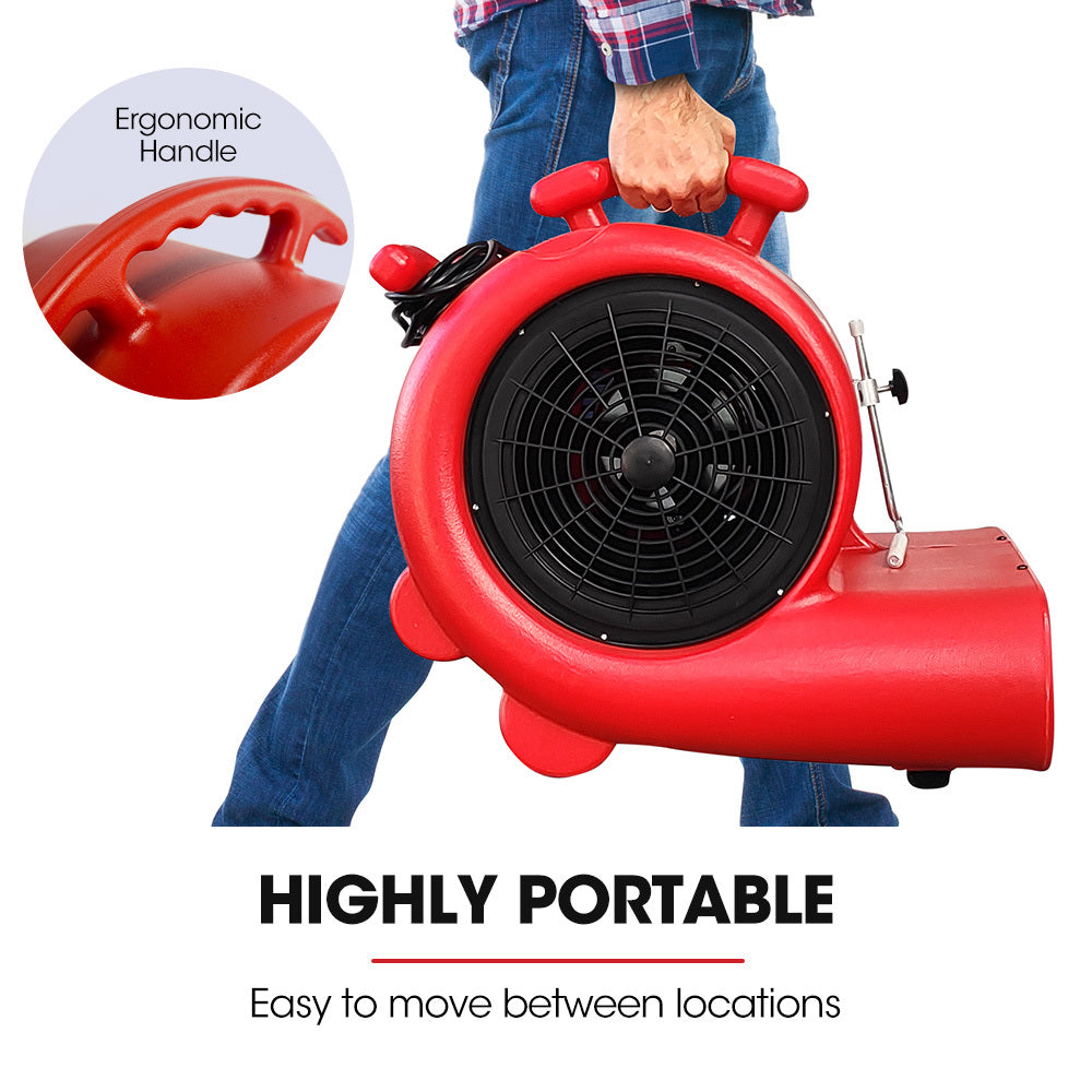 Red carpet air mover blower fan held by ergonomic handle with front circular intake