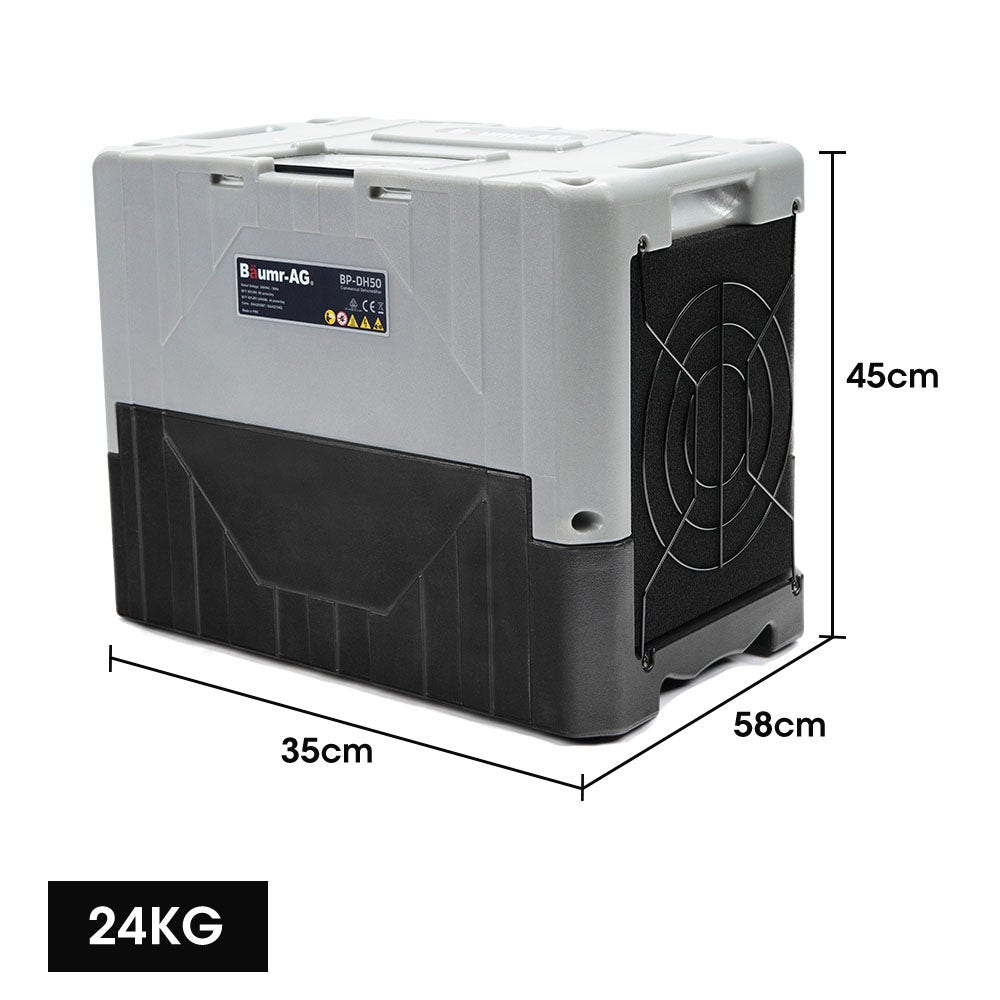 Portable air dehumidifier, shown with size dimensions 35cm x 58cm x 45cm