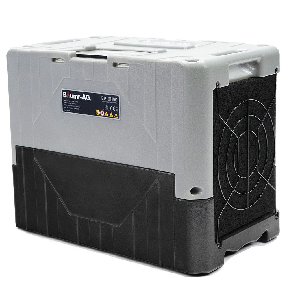 Portable commercial air dehumidifier with front fan grille and side panels, white and dark grey