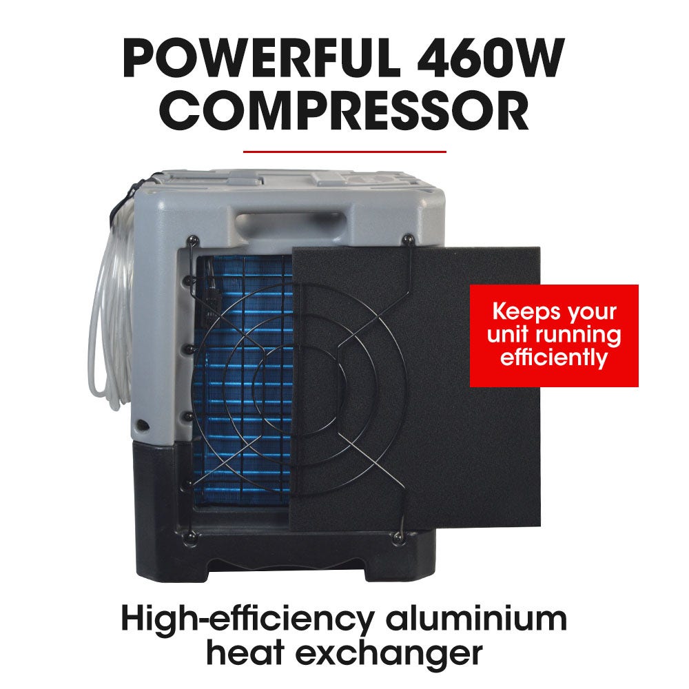 Commercial air dehumidifier with exposed heat exchanger and compressor area, front panel open
