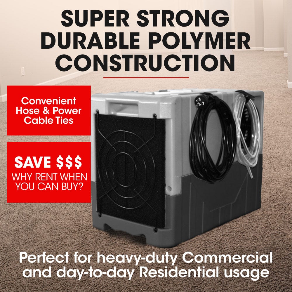 Portable air dehumidifier with bundled hose and power cables, white top and dark base