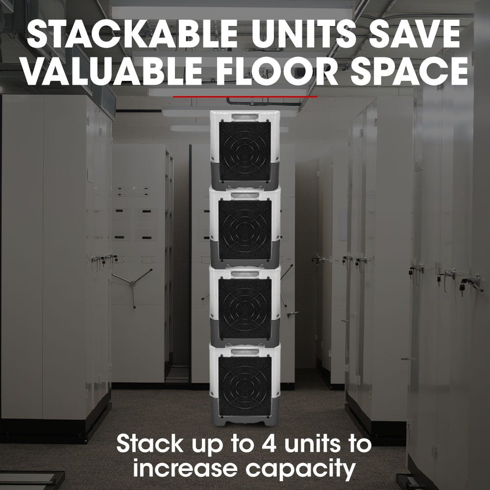 Stackable commercial air dehumidifier units stacked vertically in hallway