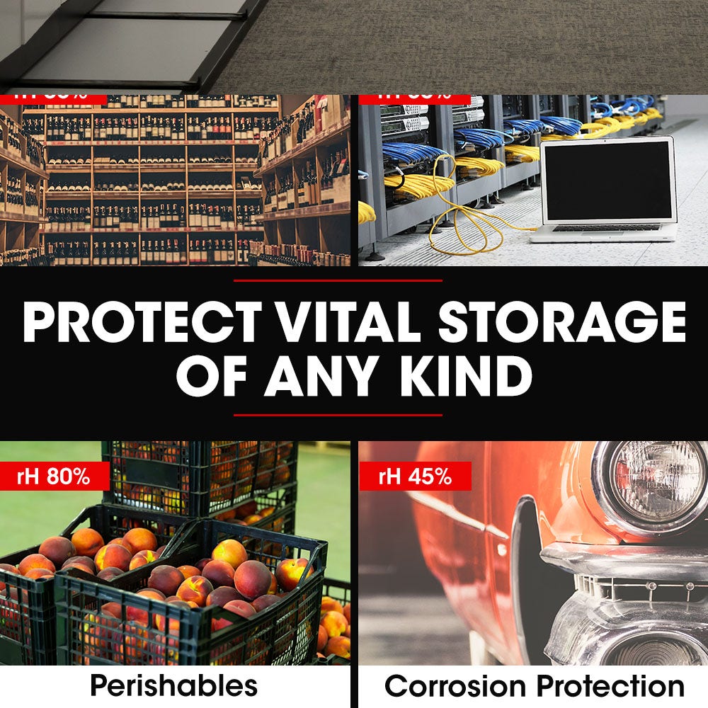 Commercial air dehumidifier near warehouse shelving to help protect stored items